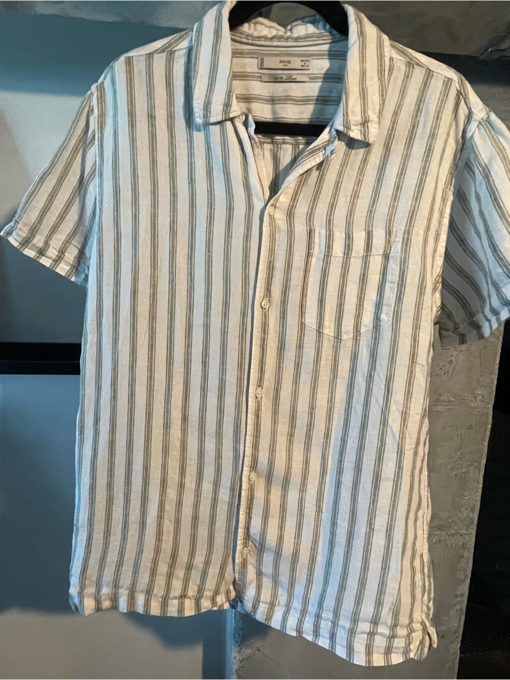 Linen Striped Short-Sleeve Button-Up Shirt - White & Green